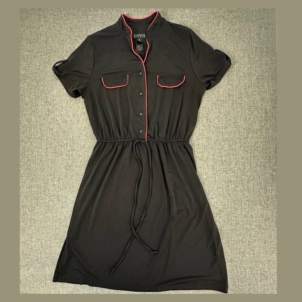 ENFOCUS Studio Dress Black Sz 8 Drawstring Elastic‎ Waist Short Sleeve Buttons